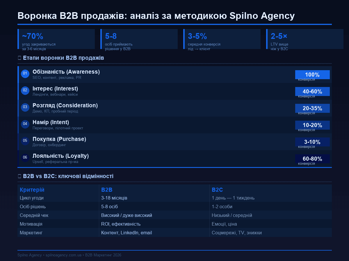 Воронка B2B продажів — інфографіка Spilno Agency