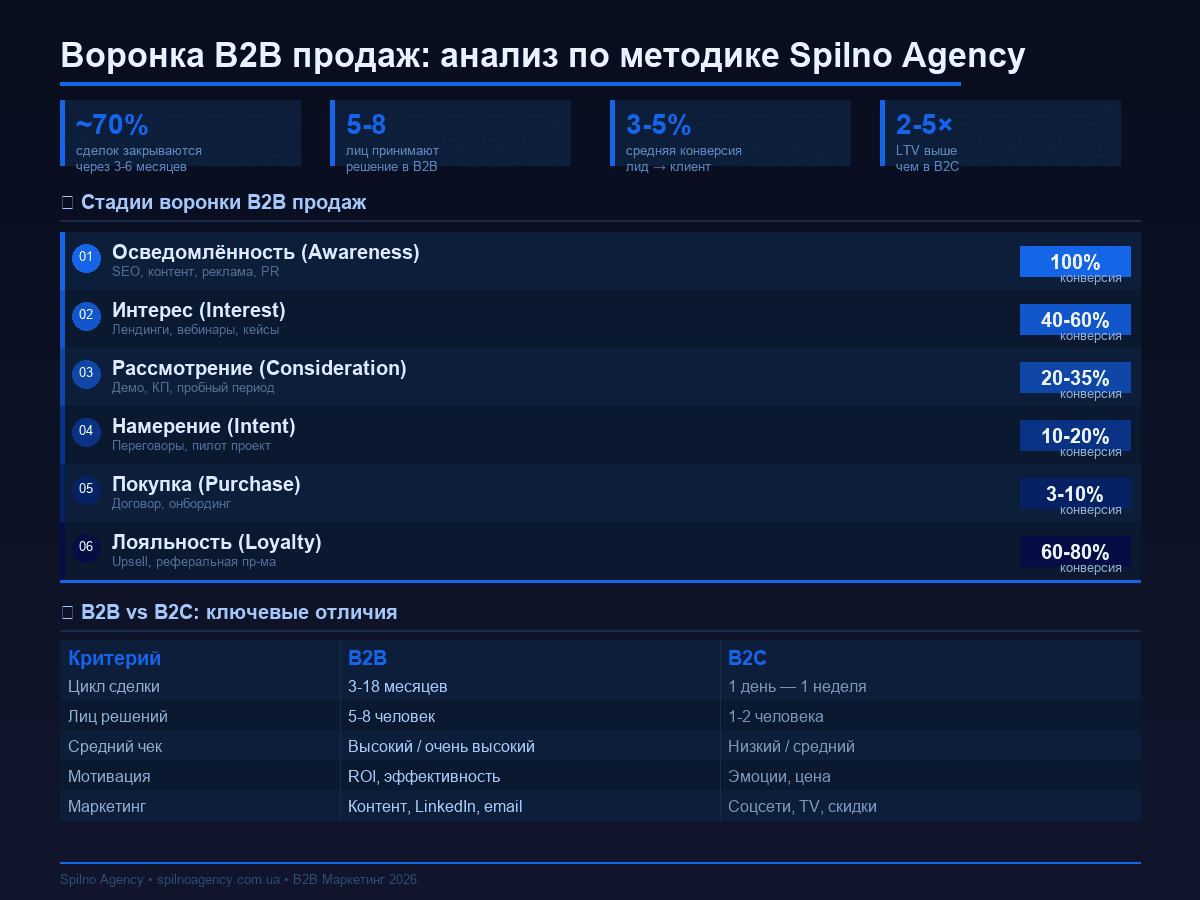 Воронка B2B продаж: анализ по методике Spilno Agency — инфографика