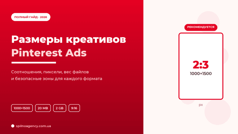 Размеры креативов Pinterest Ads 2026 — обложка полного гайда с соотношениями сторон