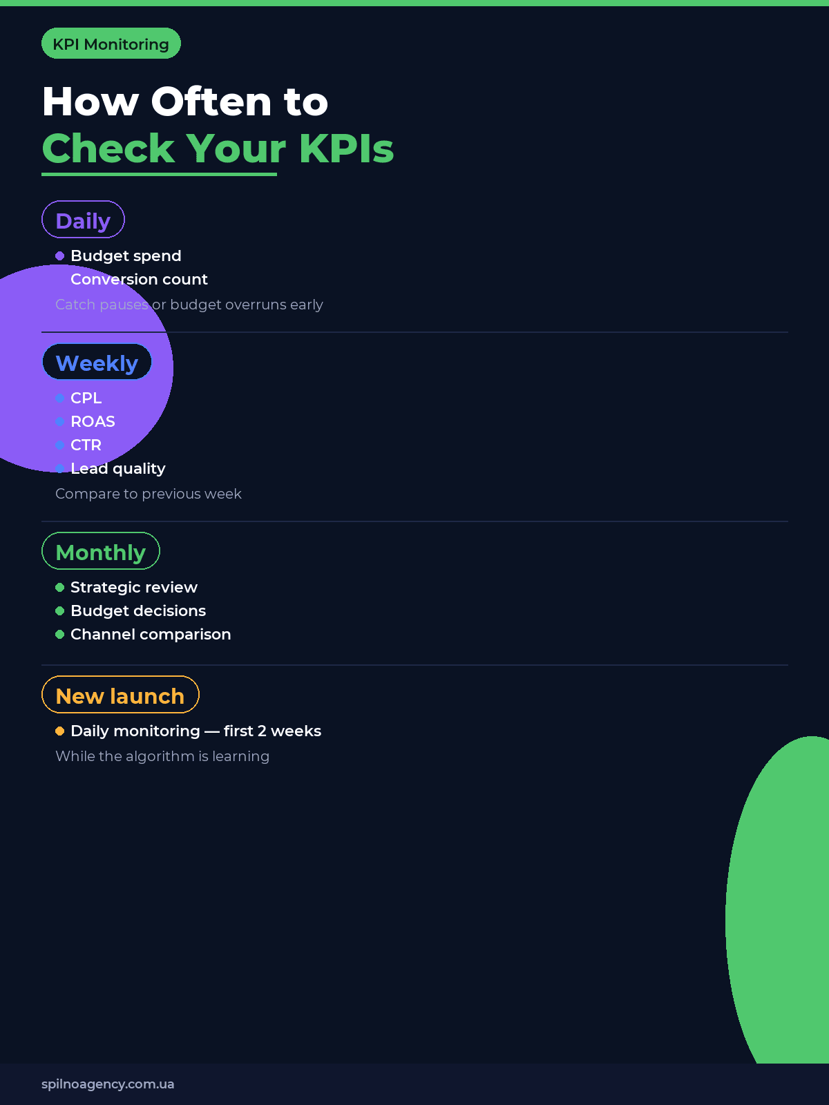 KPI monitoring schedule: daily weekly monthly — advertising campaign review frequency