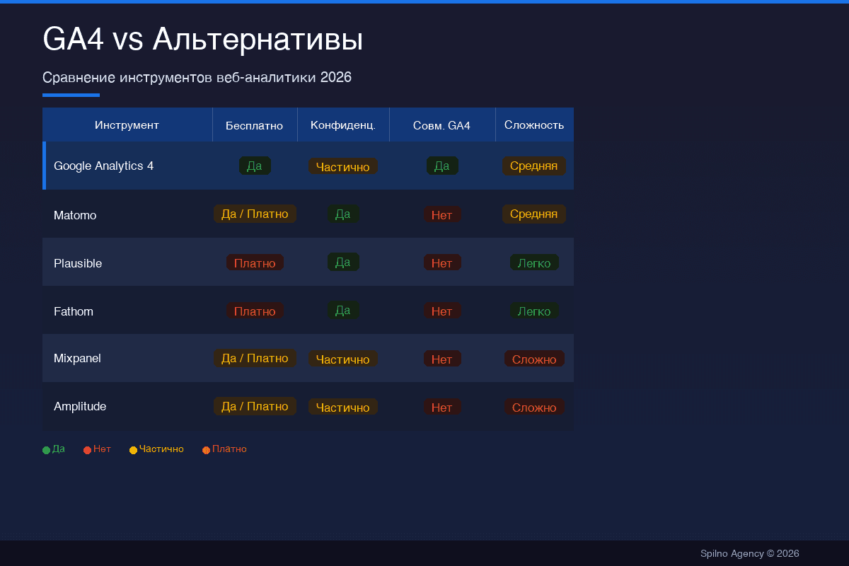 Google Analytics 4 vs альтернативы: сравнение Matomo, Plausible, Mixpanel