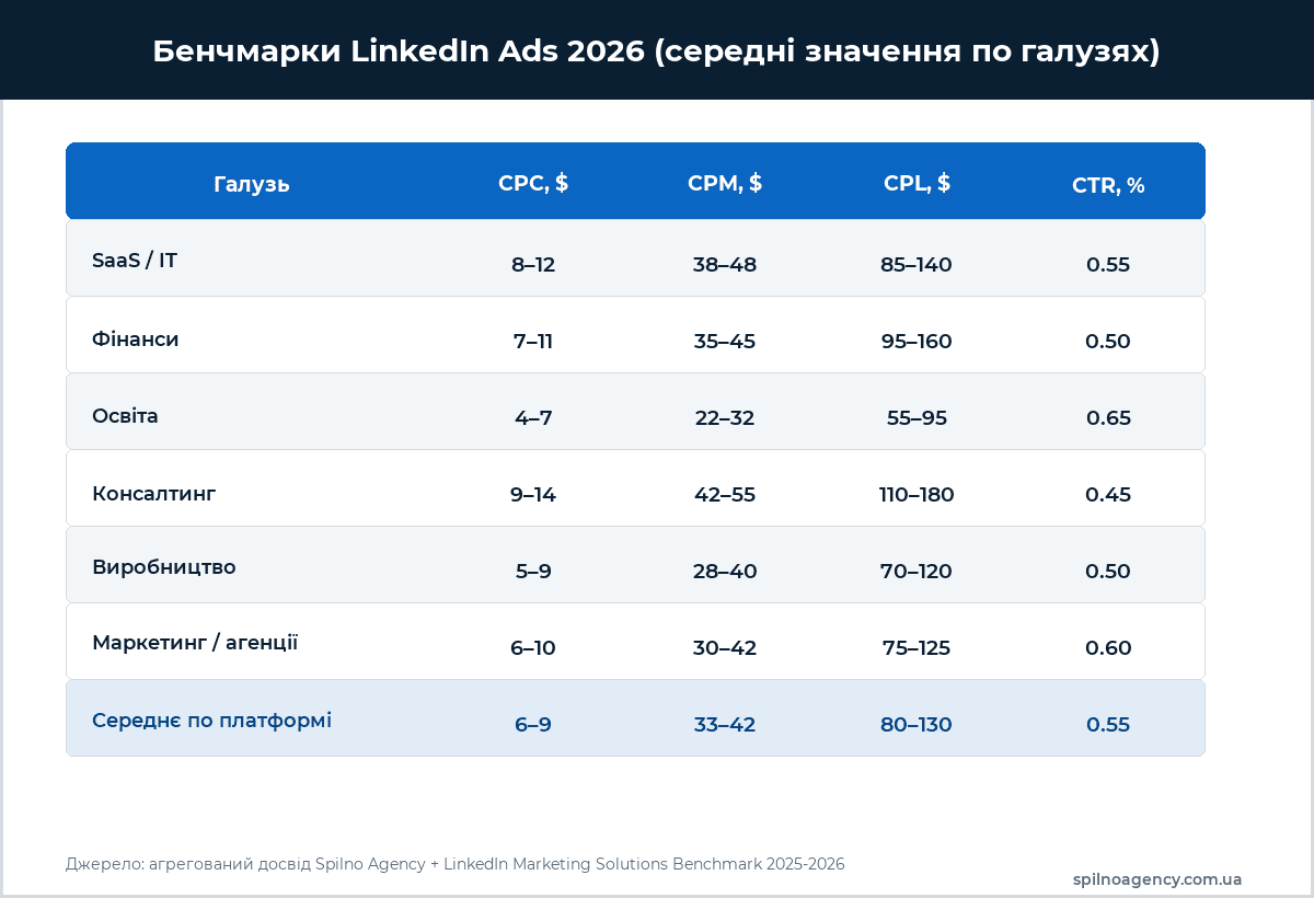Бенчмарки LinkedIn Ads 2026 по галузях — CPC, CPM, CPL, CTR