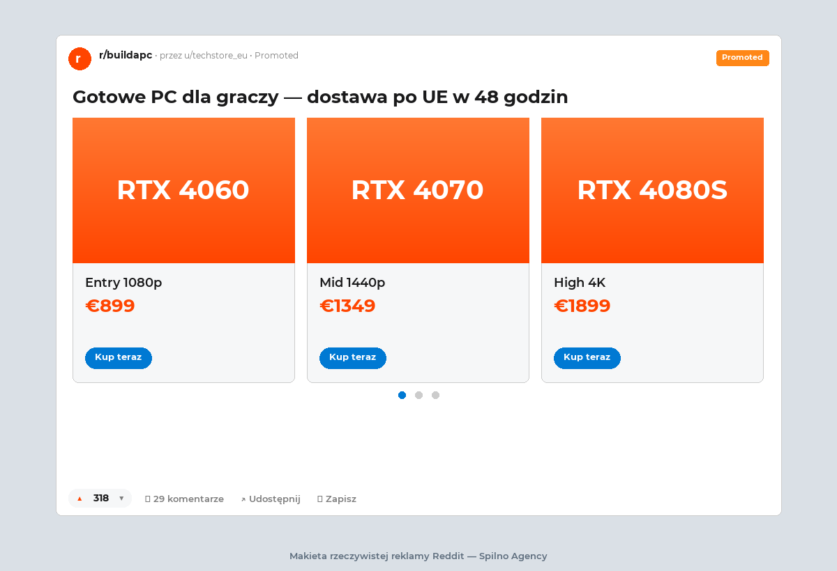 Reklama Carousel na Reddit — makieta