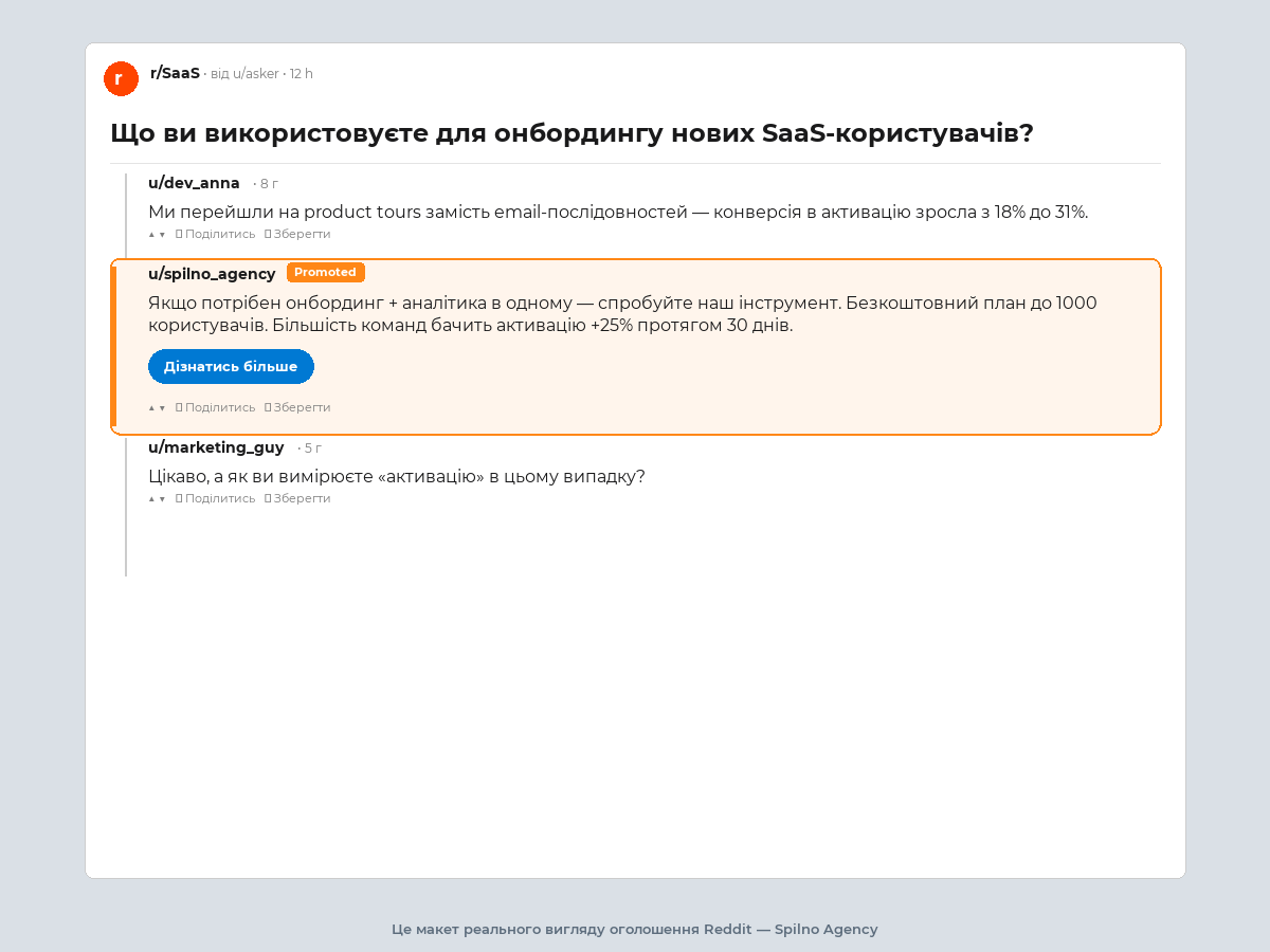Приклад Conversation Ad серед коментарів Reddit — макет