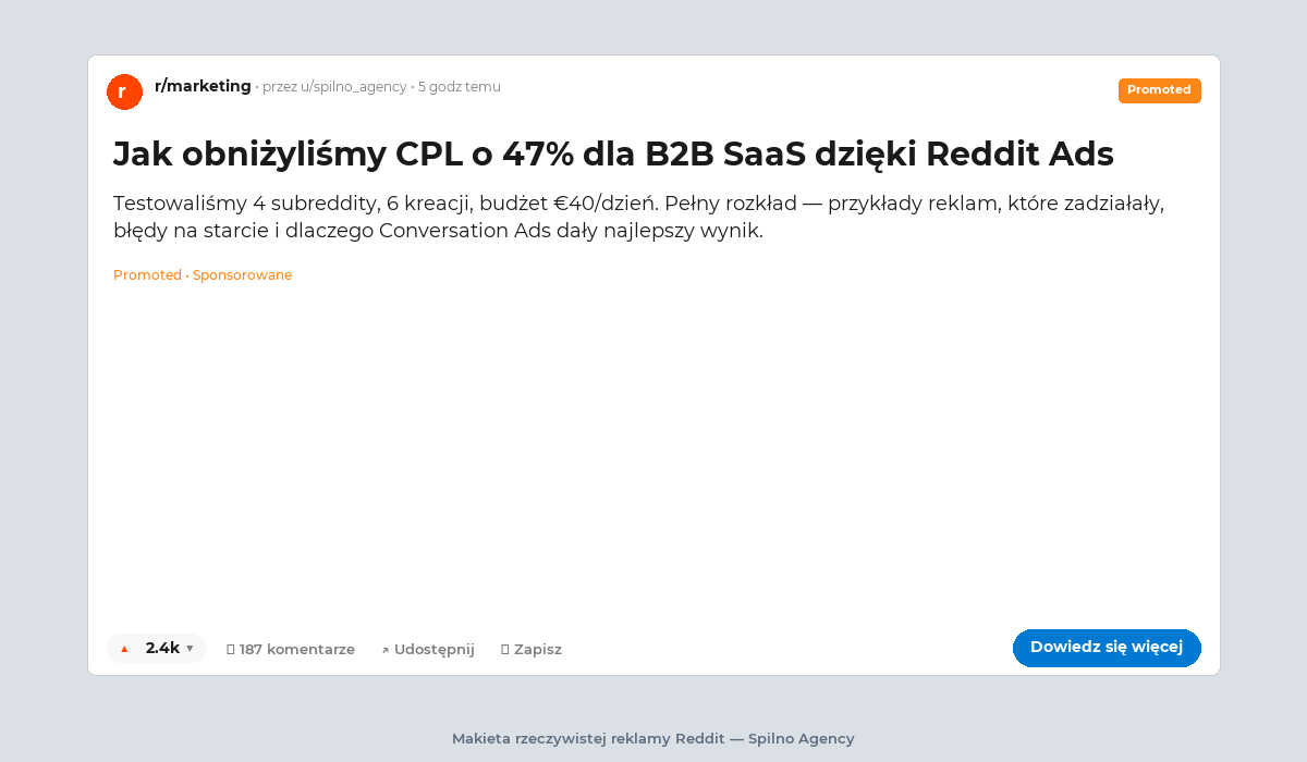 Reddit Promoted Post w feedzie — makieta