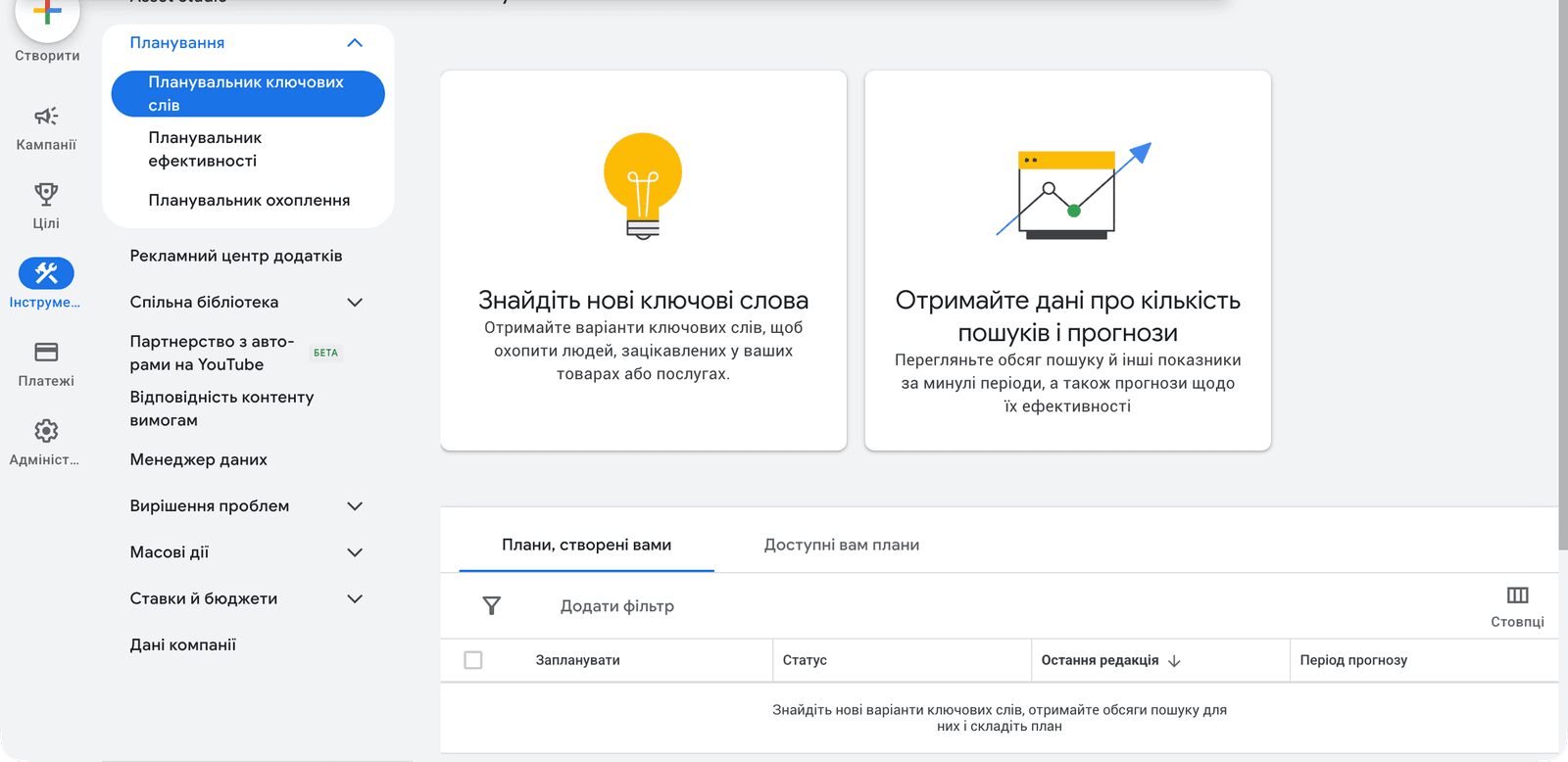 Google Keyword Planner home page — two options: find new keywords and get search volume forecasts