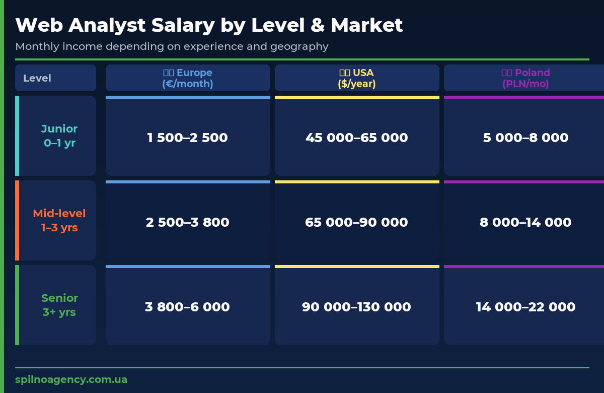 Web analyst salary by experience level and market — Europe and US benchmarks