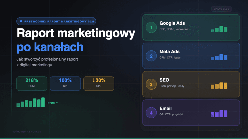 Raport marketingowy po kanałach digital marketingu — okładka Spilno Agency