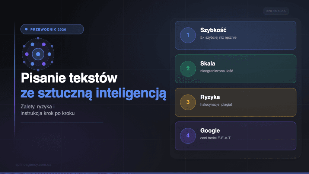 Pisanie tekstów z AI: zalety, ryzyka i przewodnik — okładka Spilno Agency