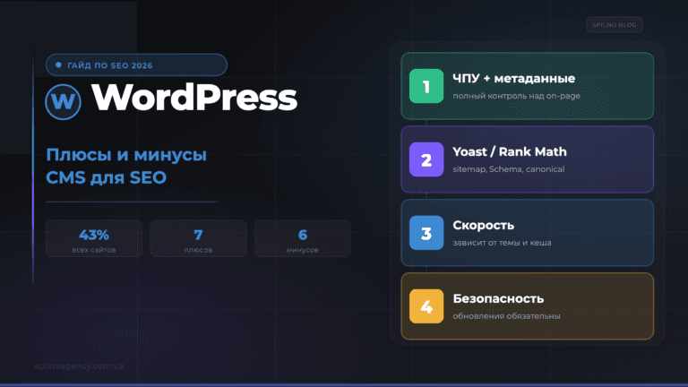 WordPress: плюсы и минусы CMS для SEO — обложка Spilno Agency