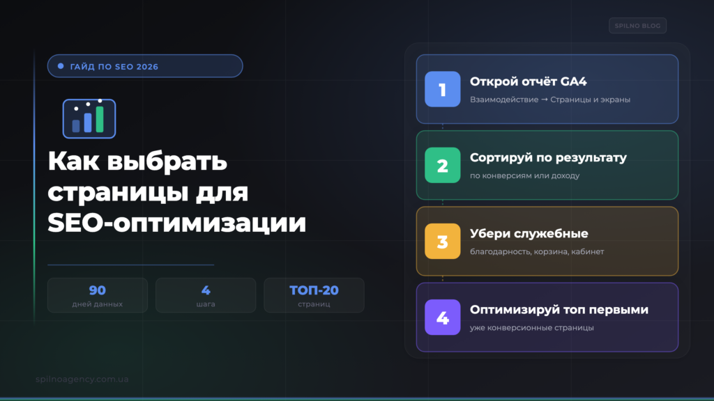 Как выбрать страницы для SEO-оптимизации — обложка Spilno Agency