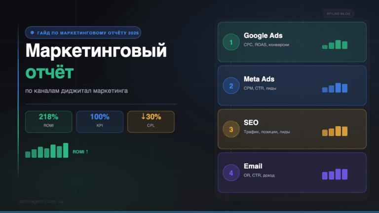 Маркетинговый отчёт по каналам диджитал маркетинга — обложка Spilno Agency