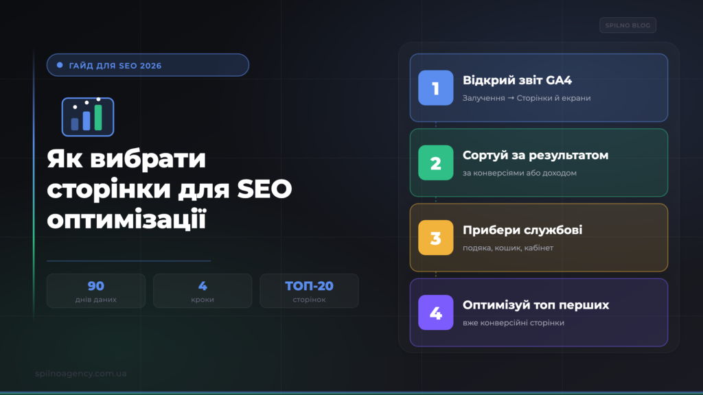 Як вибрати сторінки для SEO оптимізації — обкладинка Spilno Agency