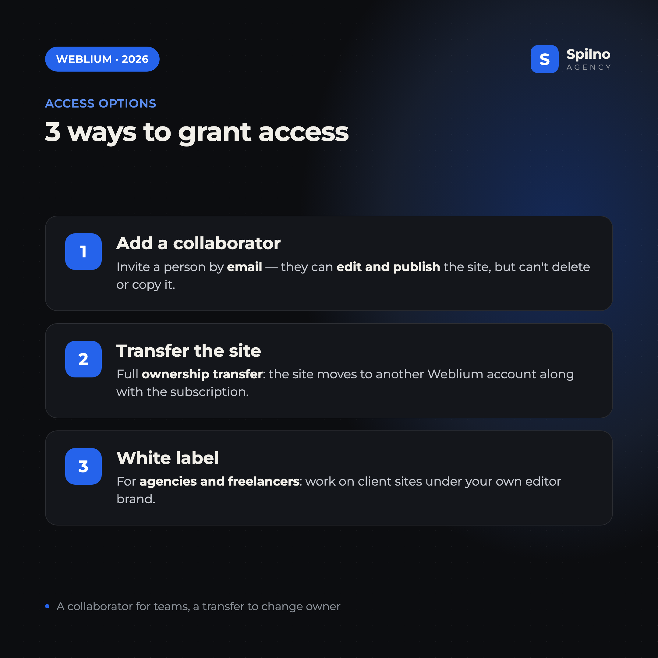 3 ways to grant access to a Weblium site: collaborator, site transfer, White label