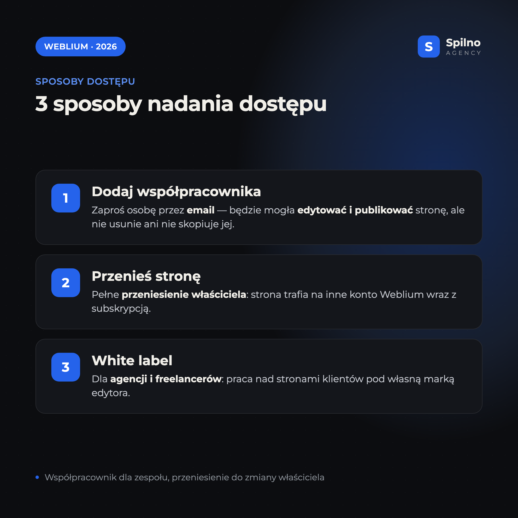 3 sposoby nadania dostępu do strony Weblium: współpracownik, przeniesienie strony, White label