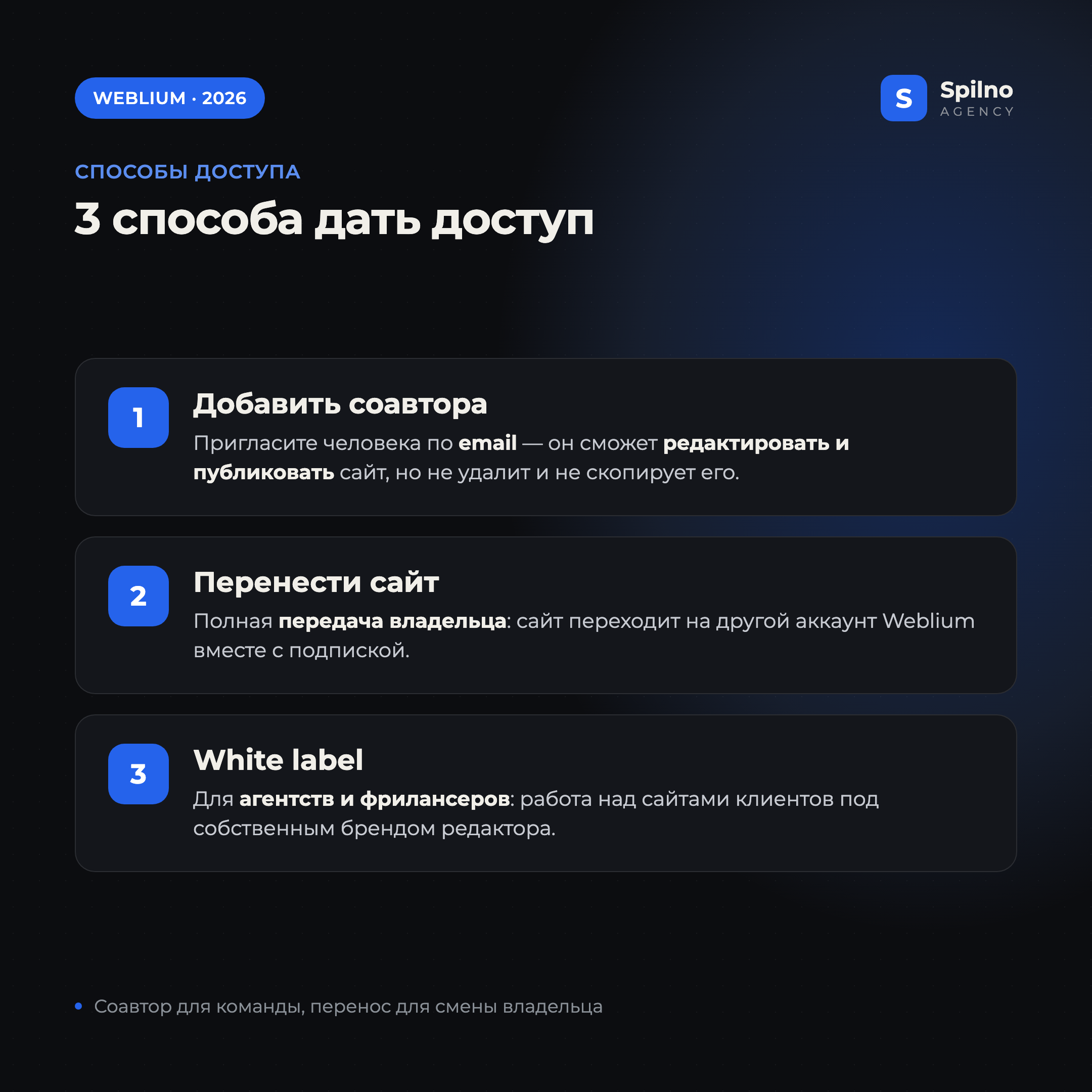 3 способа предоставить доступ к сайту Weblium: соавтор, перенос сайта, White label