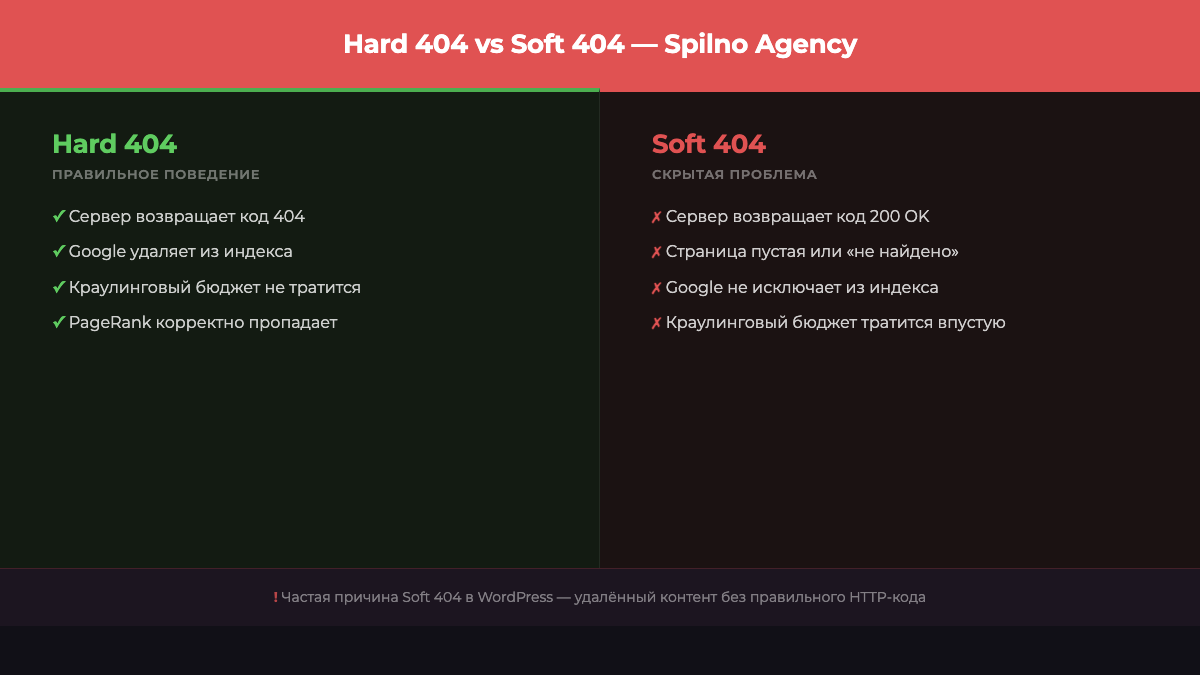 Типы ошибок 404: hard 404 vs soft 404 — инфографика Spilno Agency