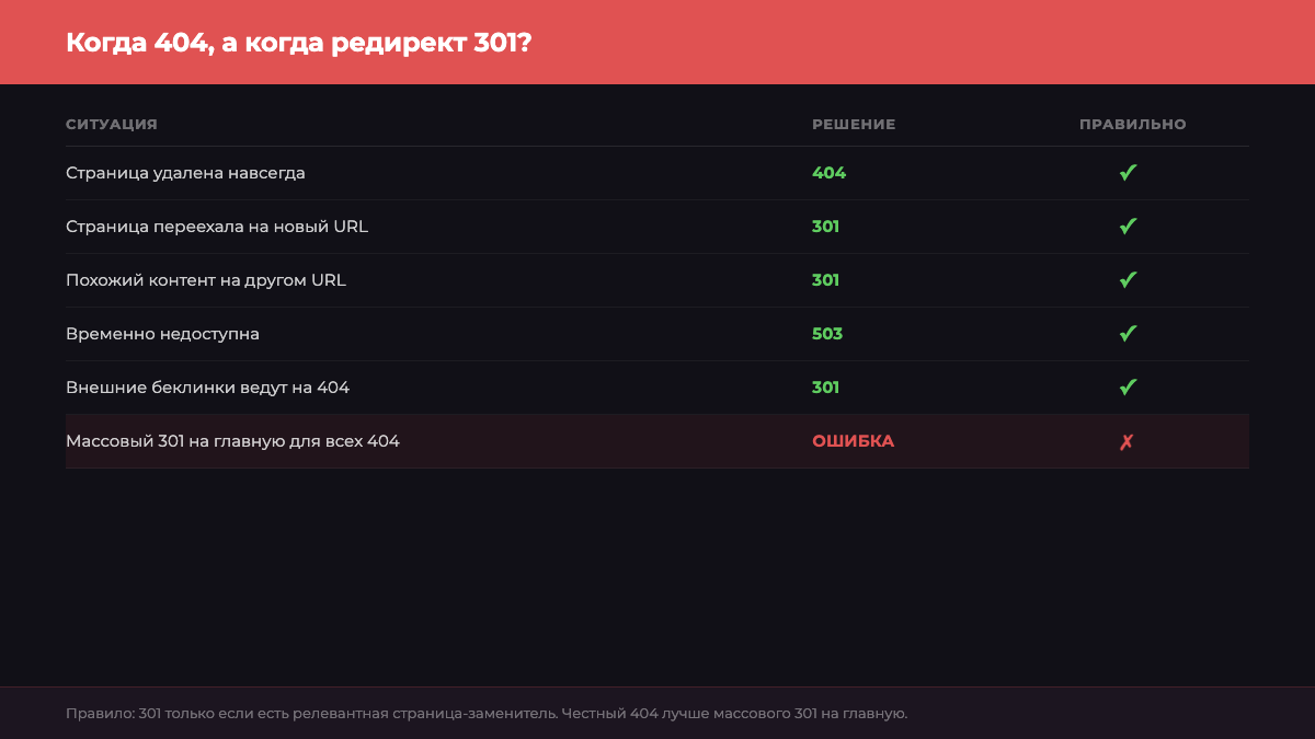 404 vs 301 редирект: когда что использовать — инфографика Spilno Agency