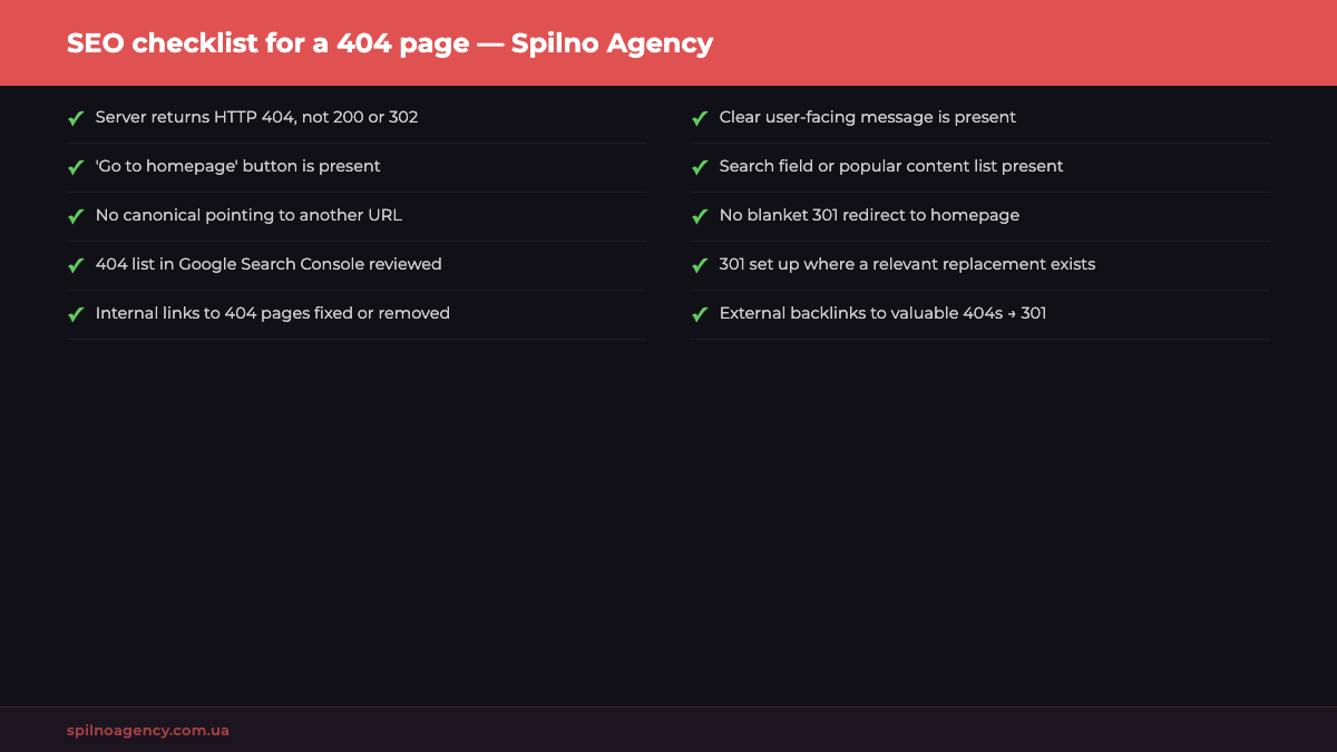 SEO checklist for a 404 page — Spilno Agency infographic