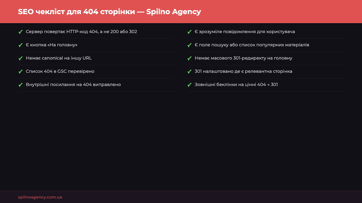 SEO чекліст для 404 сторінки — інфографіка Spilno Agency