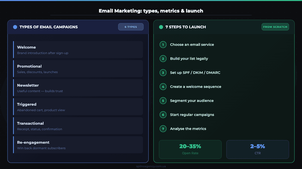 Email marketing: campaign types, key metrics and launch steps — infographic