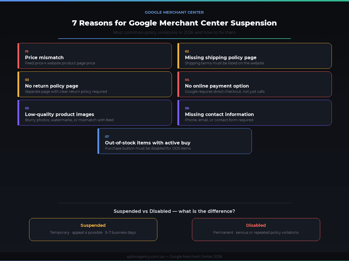 7 reasons for Google Merchant Center suspension in 2026 — infographic