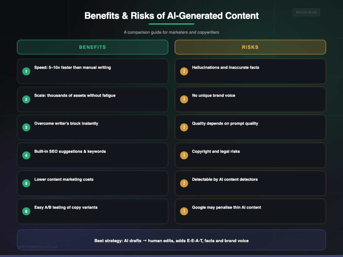 Benefits and risks of AI-generated content: comparison infographic for marketers — Spilno Agency