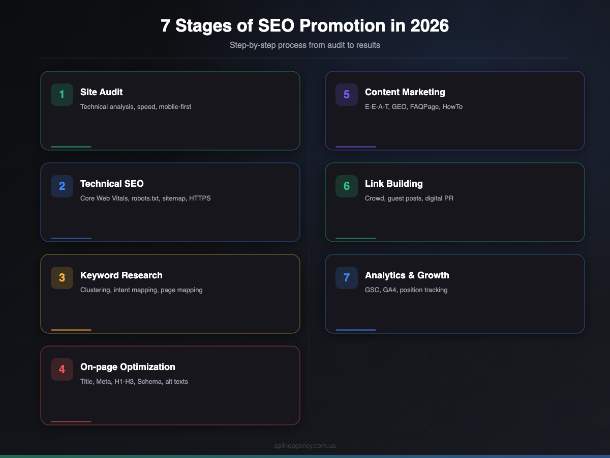 7 Stages of SEO Promotion in 2026: audit, technical SEO, keywords, on-page, content, link building, analytics — infographic