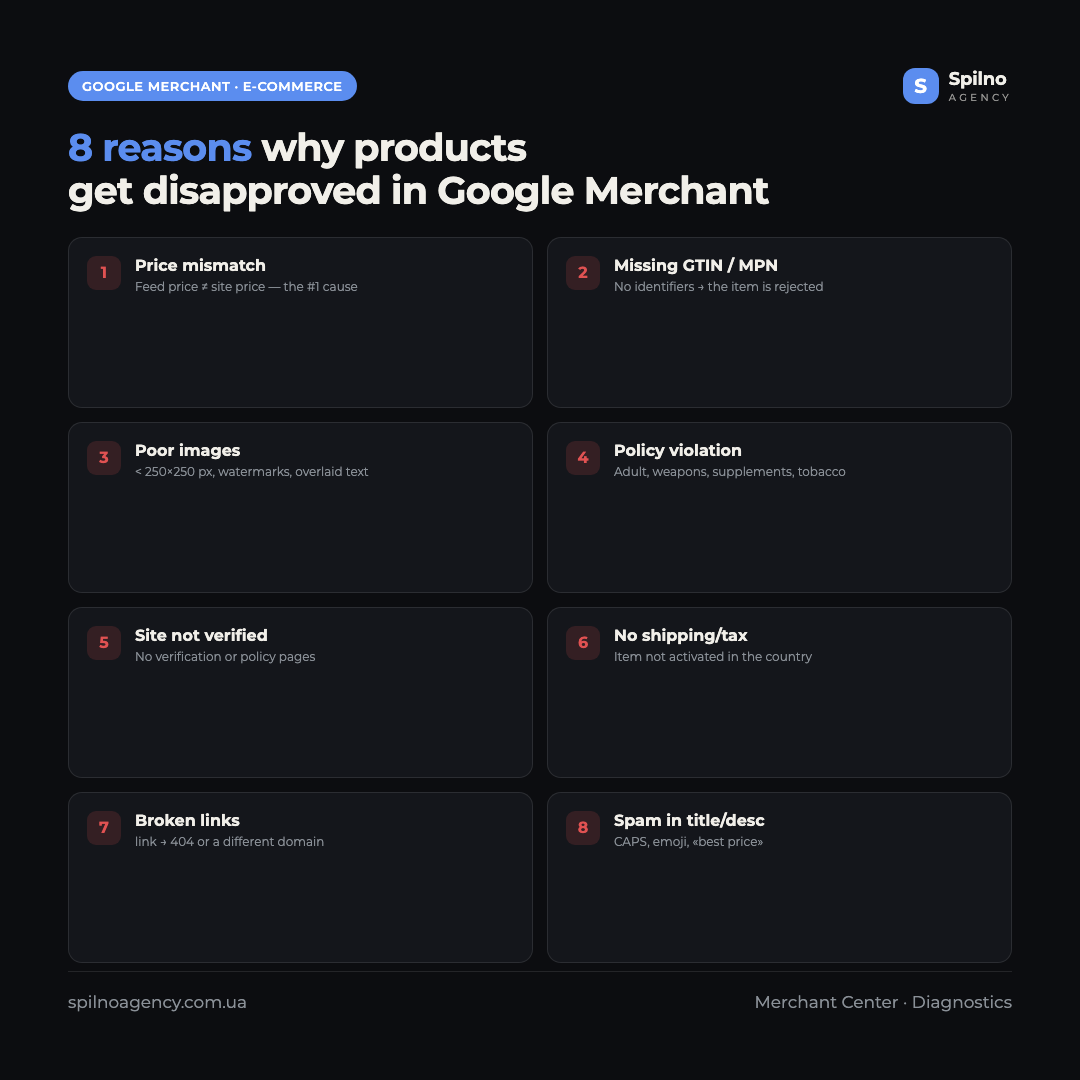 Infographic: 8 reasons products get disapproved in Google Merchant Center — price, GTIN, images, shipping, content policy, site unavailability