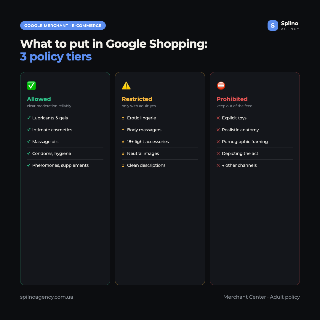 Infographic: what Google Merchant Center allows, restricts and prohibits for an intimate-products store — lubricants and personal care are allowed, adult products are restricted, explicit content is prohibited