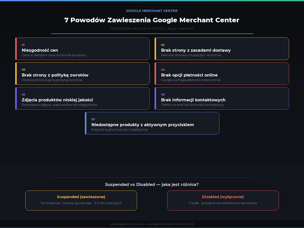 7 powodów zawieszenia Google Merchant Center w 2026 — infografika