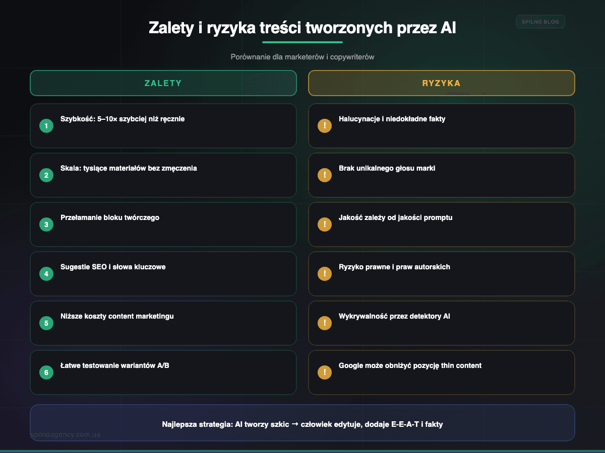 Zalety i ryzyka treści AI: infografika porównawcza dla marketerów — Spilno Agency
