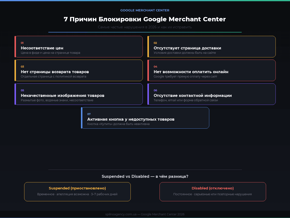 7 причин блокировки Google Merchant Center в 2026 — инфографика