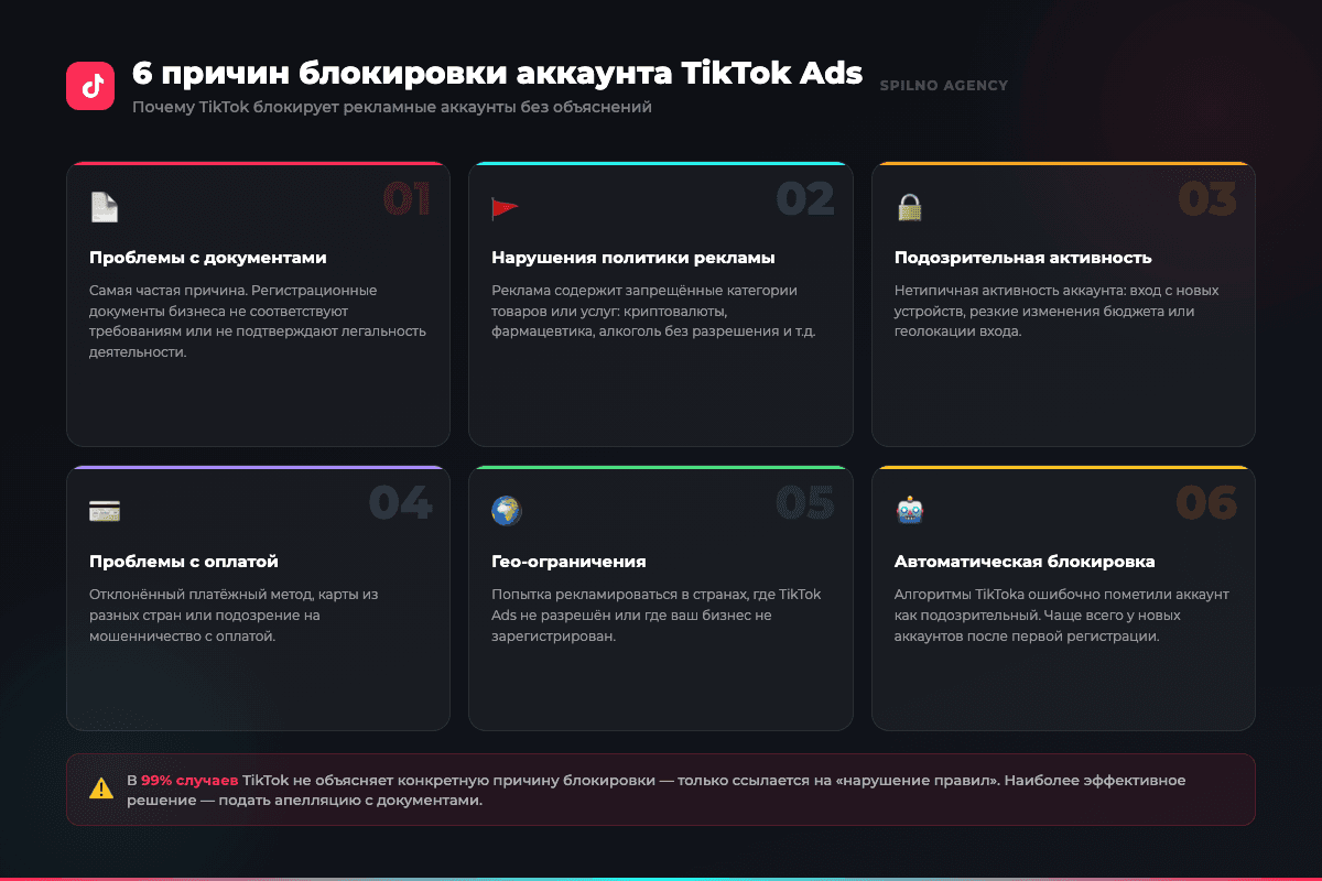6 причин блокировки аккаунта TikTok Ads — инфографика