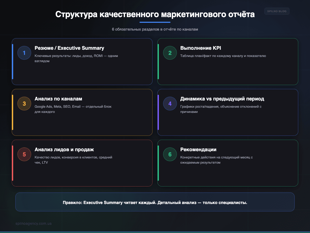 Структура качественного маркетингового отчёта: 6 обязательных разделов — инфографика
