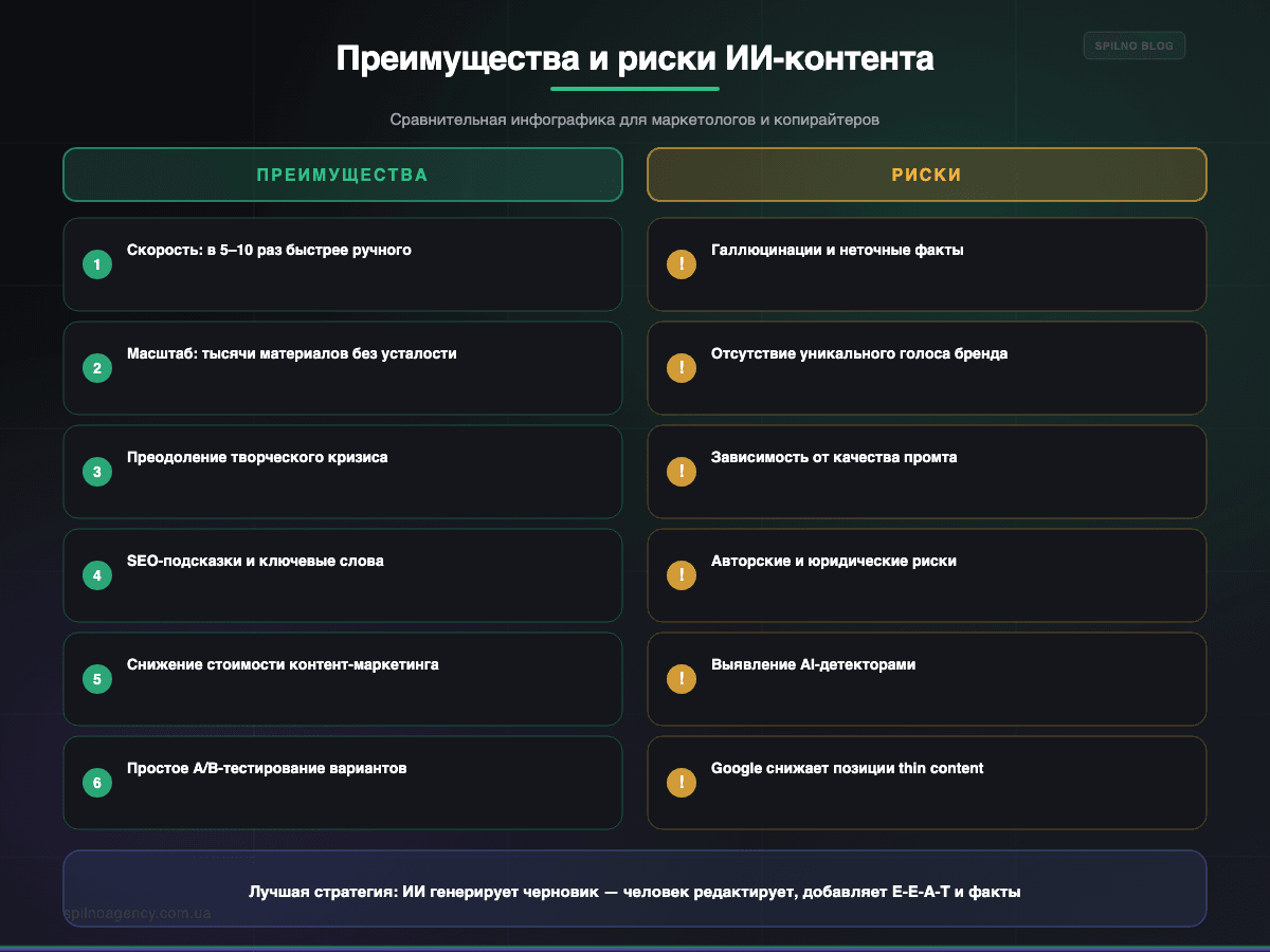Преимущества и риски ИИ-контента: сравнительная инфографика для маркетологов — Spilno Agency
