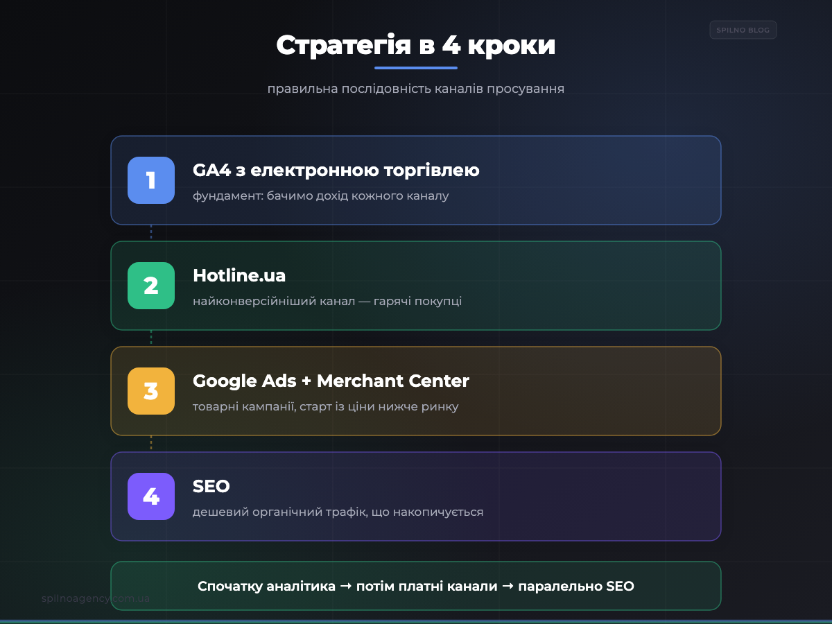 Стратегія просування інтернет-магазину за 4 кроки: GA4, Hotline, Google Ads, SEO — інфографіка