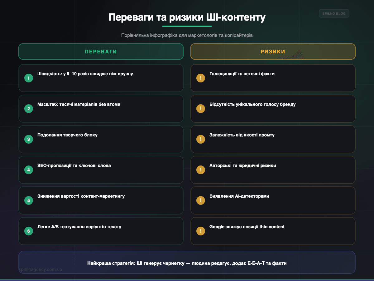 Переваги та ризики ШІ-контенту: порівняльна інфографіка для маркетологів — Spilno Agency