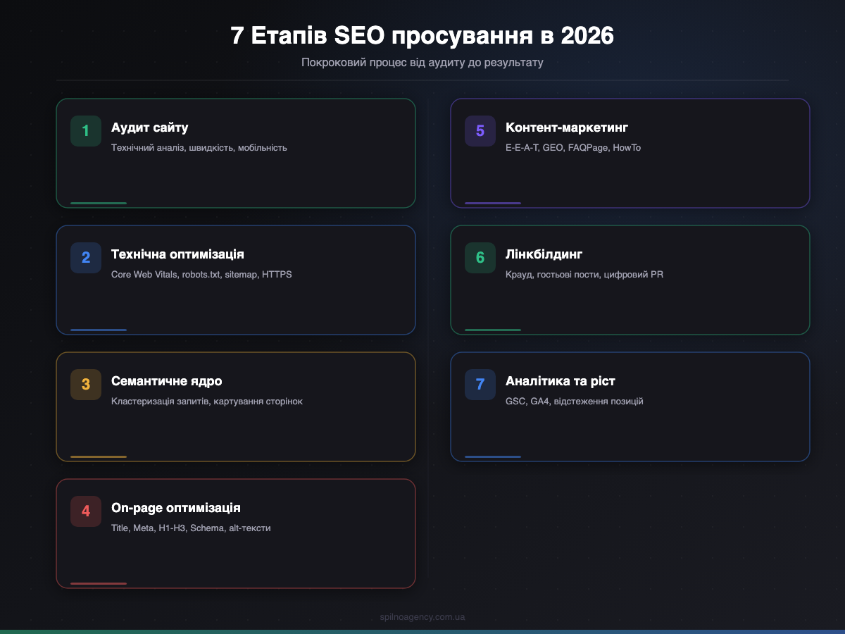 7 етапів SEO просування в 2026: аудит, технічна оптимізація, семантика, on-page, контент, лінкбілдинг, аналітика — інфографіка