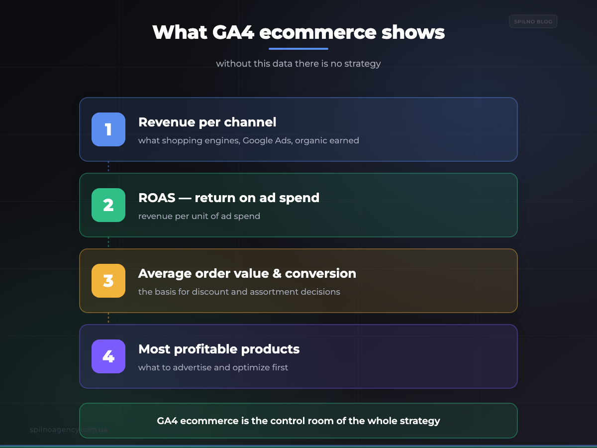 What GA4 ecommerce shows: revenue per channel, ROAS, AOV — infographic