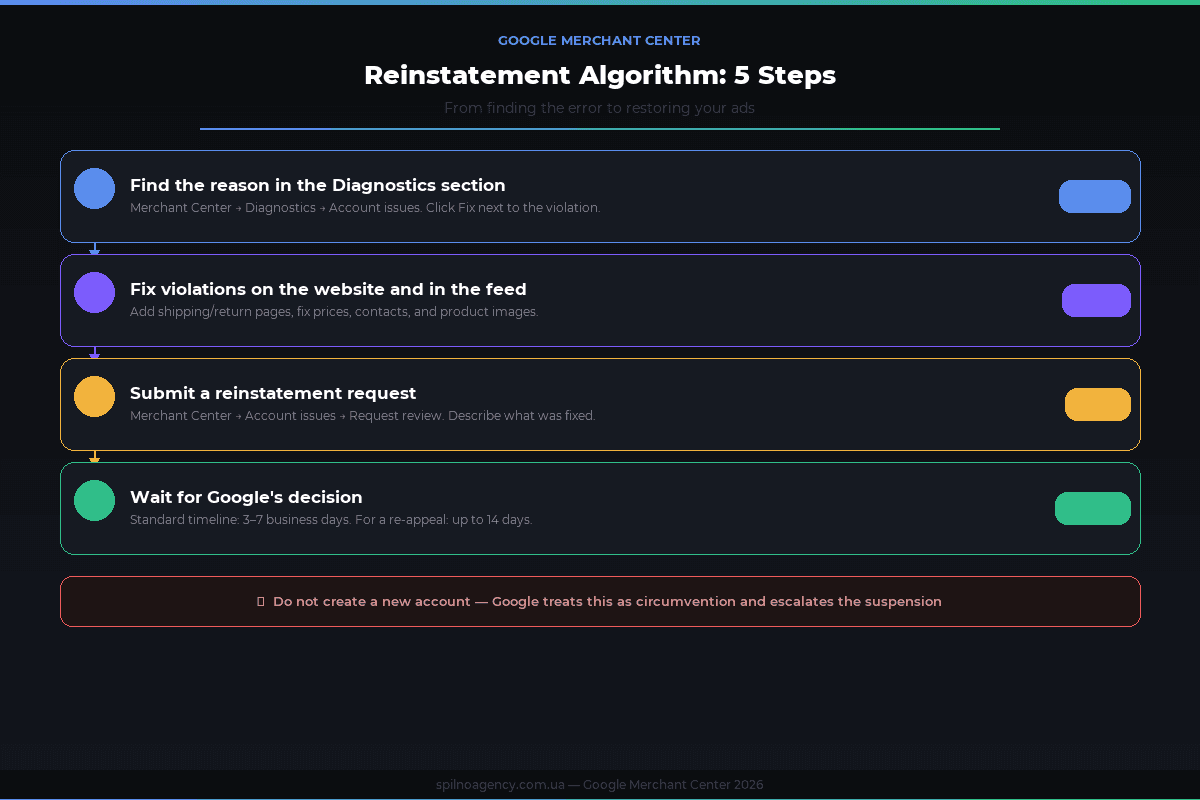 Google Merchant Center reinstatement algorithm: 5 steps — infographic