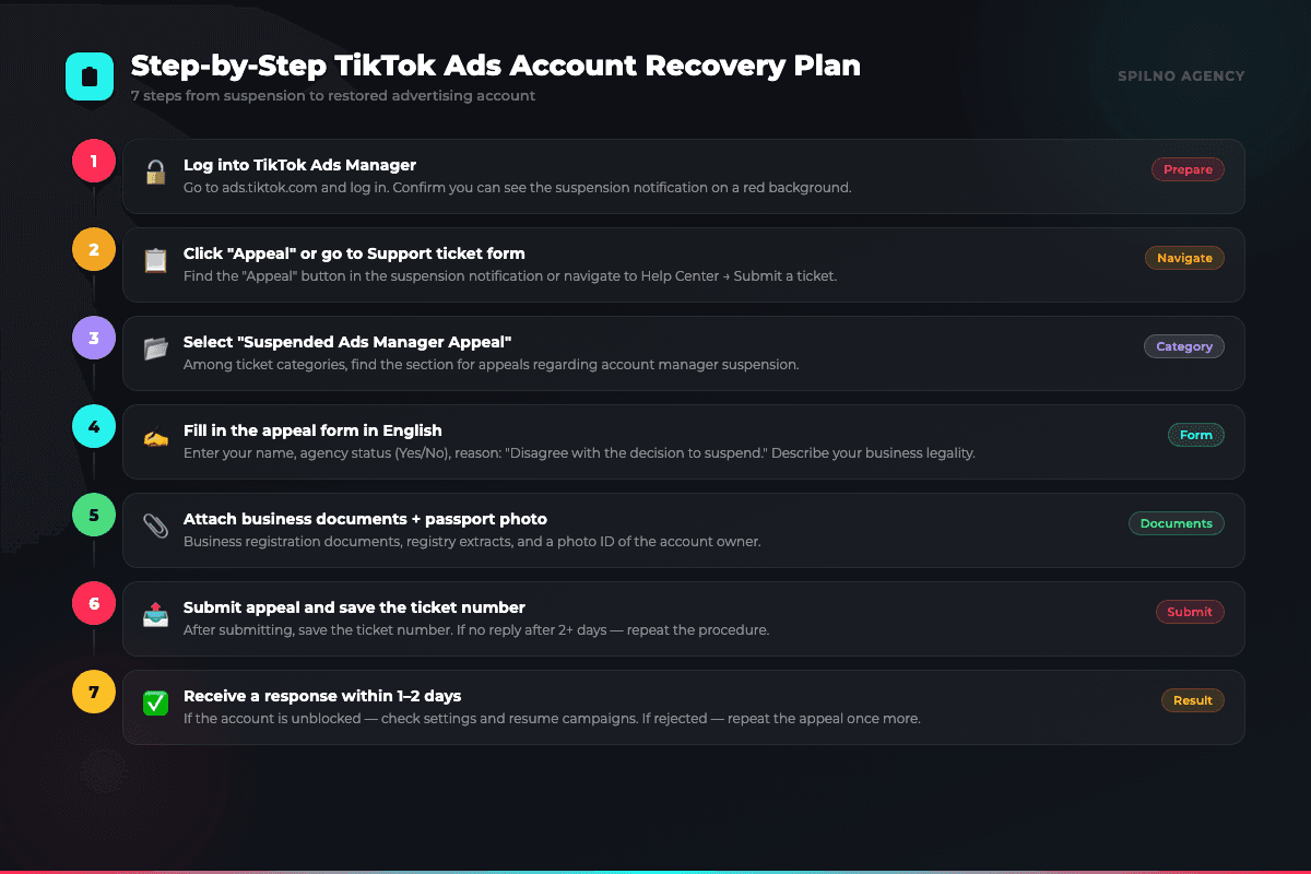 Step-by-Step TikTok Ads Account Recovery Plan — infographic