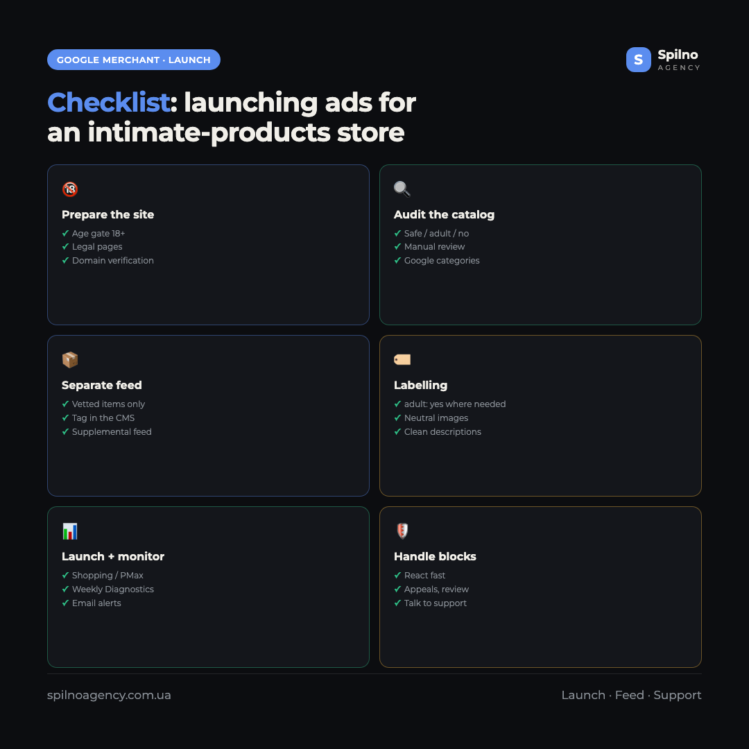 Checklist infographic: 6 steps to launch intimate-products advertising in Google Merchant Center — prepare the site, audit the assortment, separate feed, adult labelling, monitoring, gradual scaling