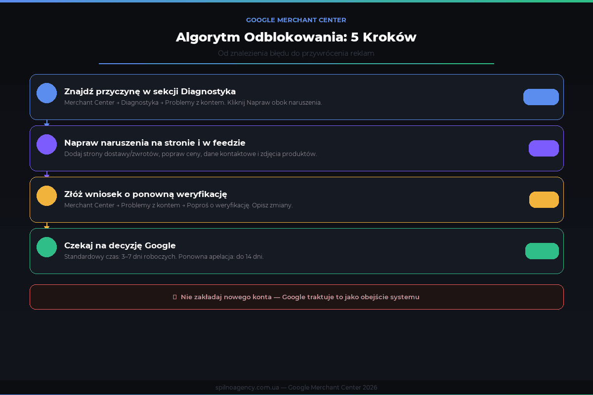 Algorytm odblokowania Google Merchant Center: 5 kroków — infografika