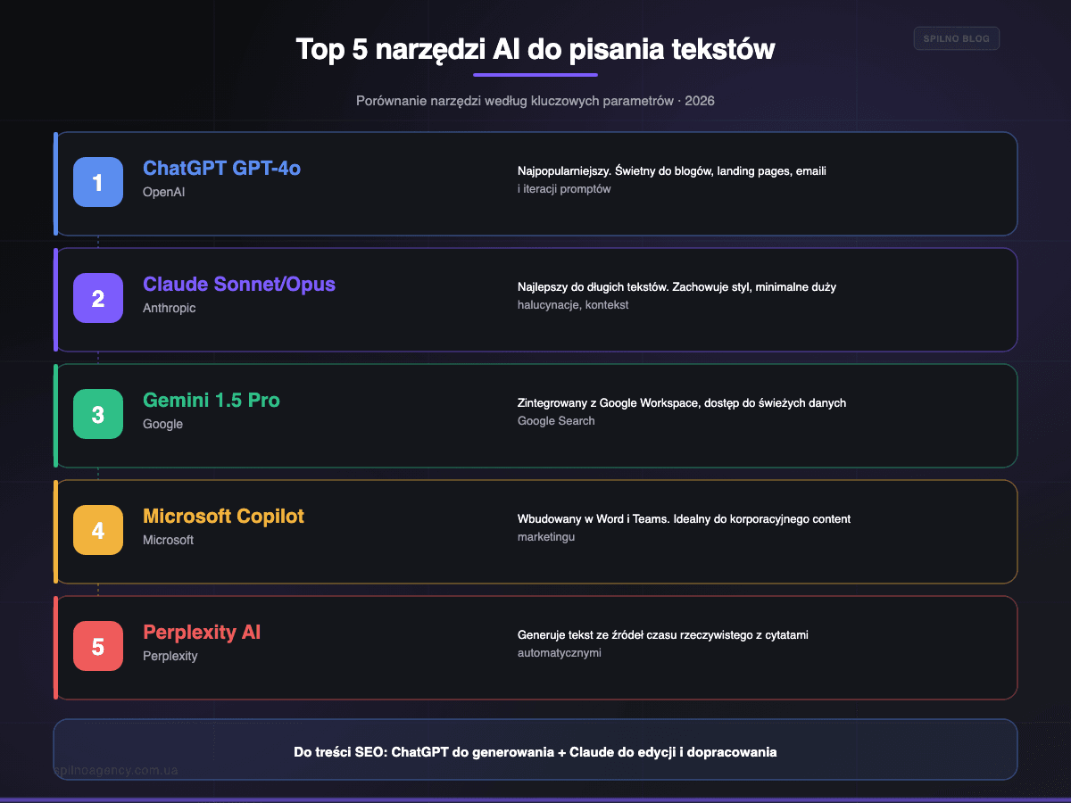 Top 5 narzędzi AI do pisania tekstów 2026: ChatGPT, Claude, Gemini — infografika Spilno Agency