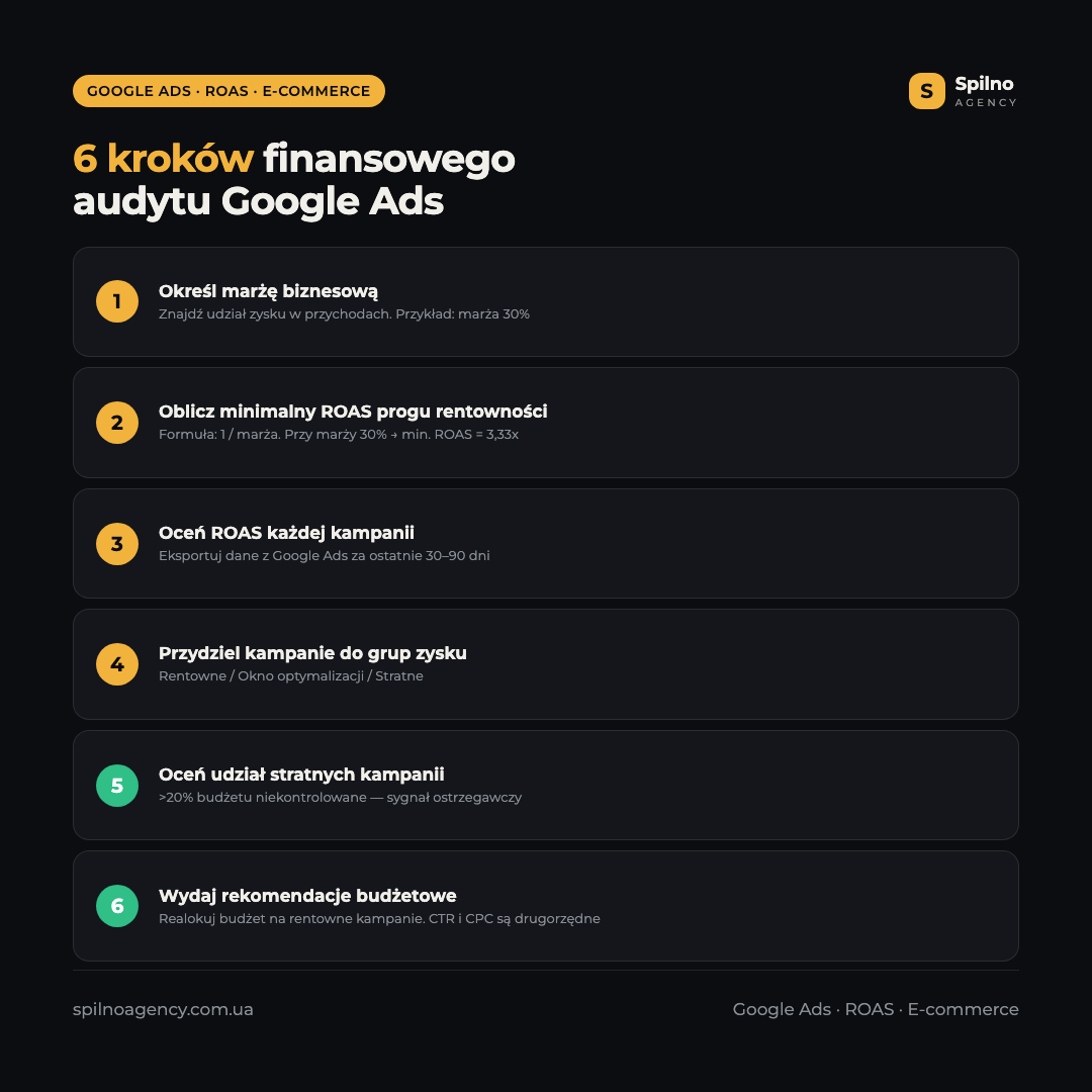 Infografika: 6 kroków finansowego audytu Google Ads dla sklepu internetowego — algorytm weryfikacji rentowności ROAS