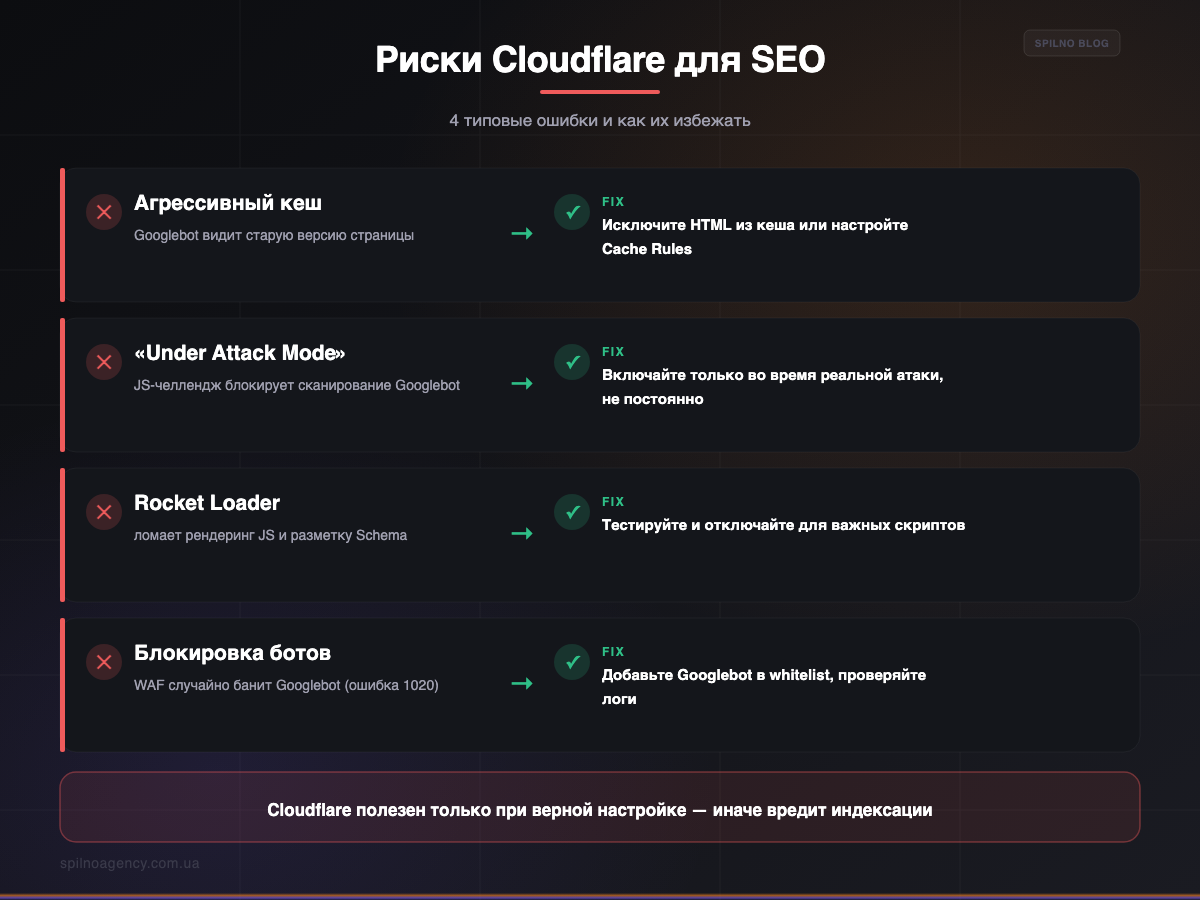 Риски Cloudflare для SEO и как их избежать — инфографика