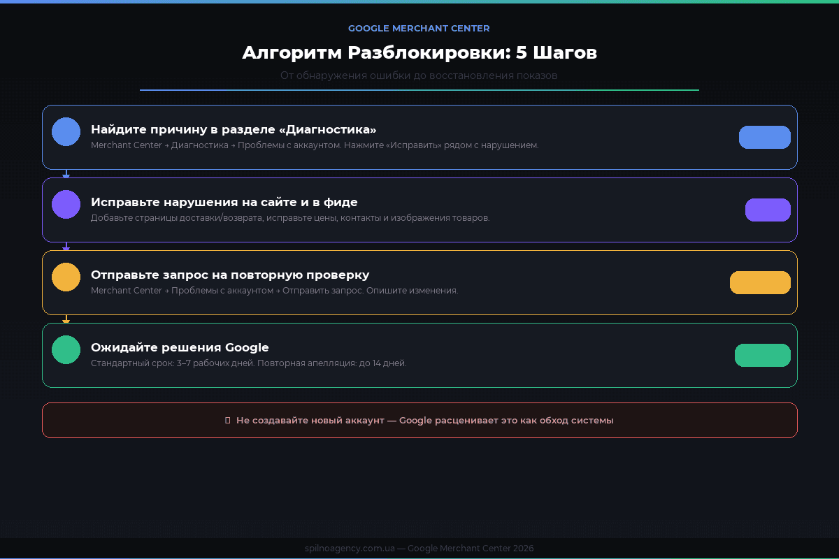 Алгоритм разблокировки Google Merchant Center: 5 шагов — инфографика