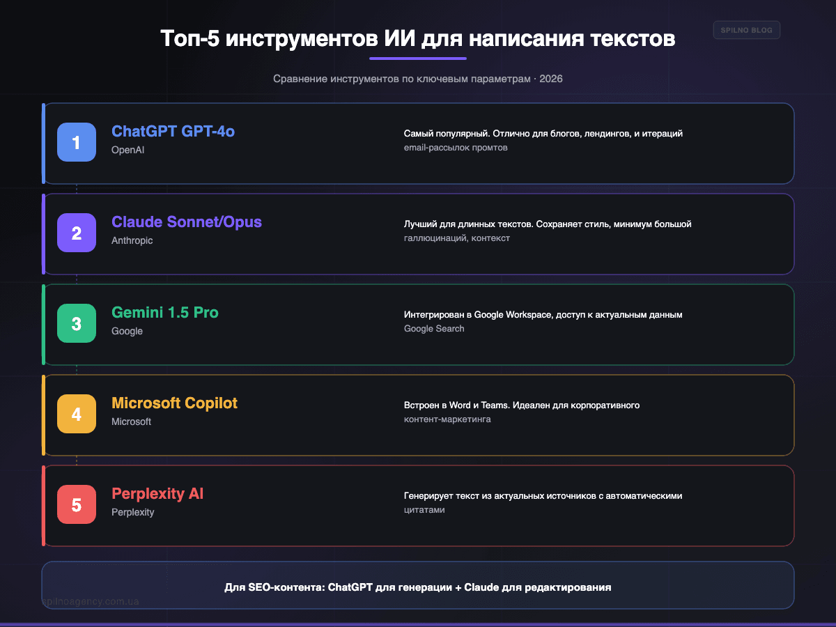 Топ-5 инструментов ИИ для написания текстов 2026: ChatGPT, Claude, Gemini — инфографика Spilno Agency
