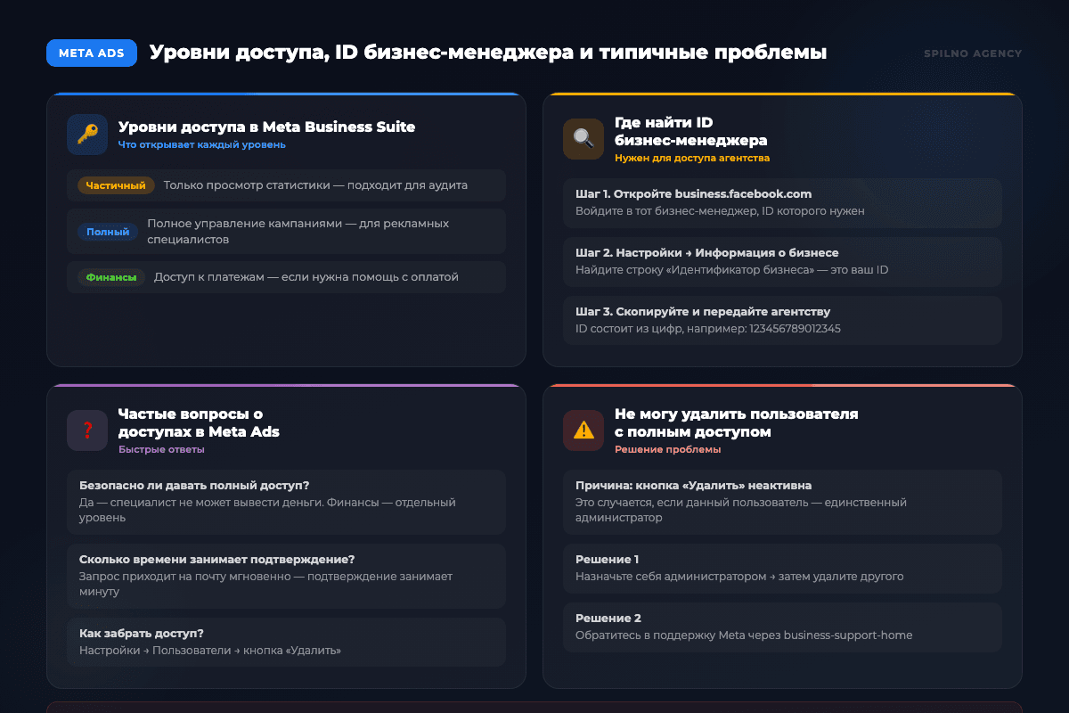 Инфографика: Уровни доступа Meta Business Suite и ID бизнес-менеджера
